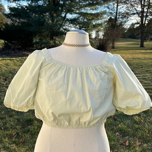 Copper Key gingham green white print cropped top with puff sleeves size large - Picture 2 of 11